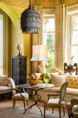 Iatesta Studio Barry Dixon Collection Stephane table, Magnolia Pod pendant, Mesh pedestal cabinet