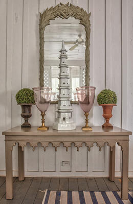 John Rosselli Furlow’s Folly Collection Gothic console, Peacock Palm mirror 