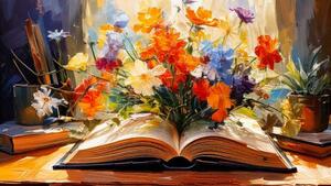 Firefly flowers growing out of an open book on a desk in a light filled room done in an impressionis