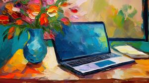 Firefly impressionist painting of a laptop sitting on a desk with a vase of flowers 12927