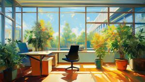 Firefly impressionist style painting of an office with natural light and one or two plants 71840