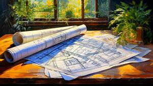 Firefly impressionist style painting of blueprints on a table with a few plants in the background 77