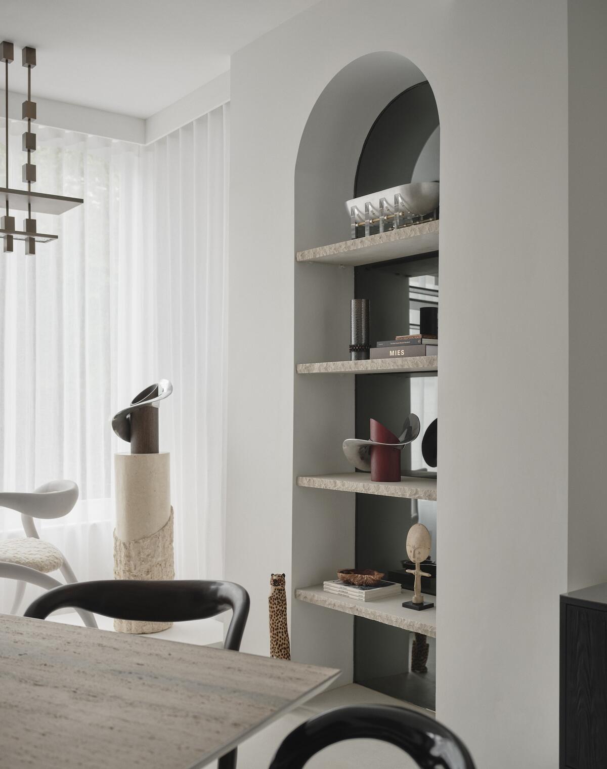 The muted color palette is inspired by the calm and spirituality the designer felt when visiting historic mosques in Saudi Arabia and Kuwait