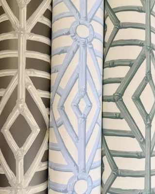 Twigs Brighton Lattice wallcovering in Beige on Champagne, Blue and Green