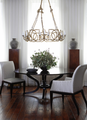 Fournir Collections Sutcliffe table, Werth armchair, Werth side chair, Larche pedestals, Duveaux chandelier